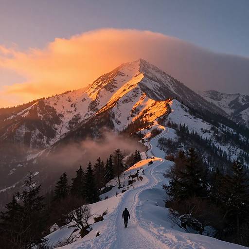 Sunset Mountain Peak with Lone Walker