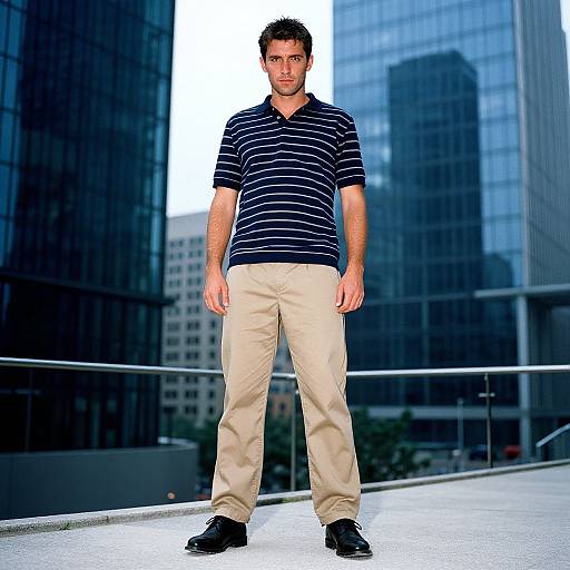 Photograph of a young man with short brown hair, wearing a navy and white striped polo, beige pants, and black shoes, standing on a rooftop