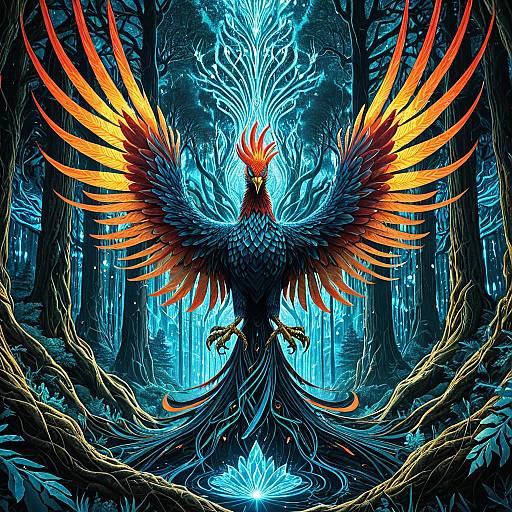 Mythical Phoenix in Crystal Forest
