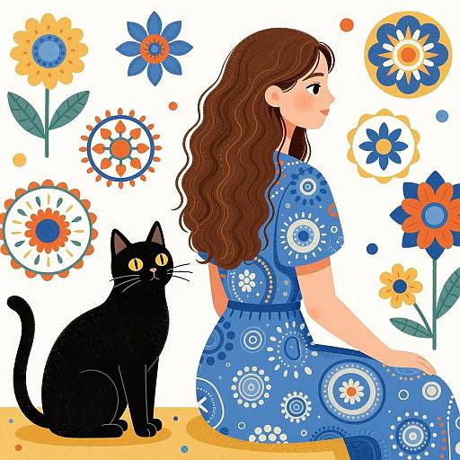 Elegant Woman with Cat and Floral Patterns
