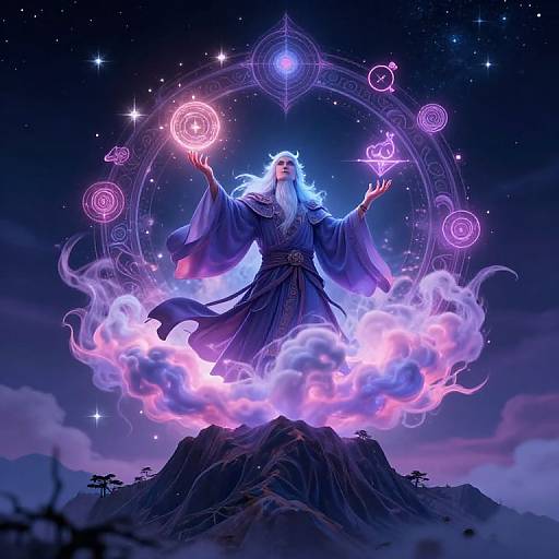 Digital fantasy artwork of a wizard with white hair and beard, in a flowing purple robe, standing on a mountain, casting magic surrounded by glowing circles and