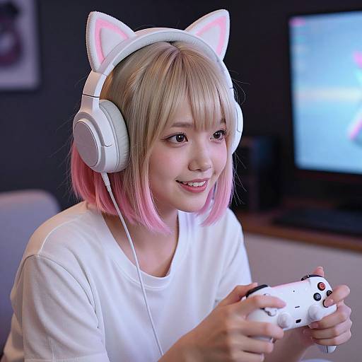 Photograph of a smiling Asian woman with blonde and pink hair, cat ear headphones, white shirt, holding a gaming controller, in a dimly lit