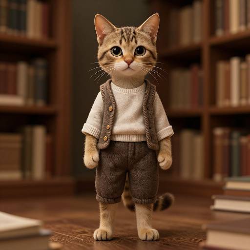 Photorealistic digital illustration of an adorable, wide-eyed, young tabby kitten in a white shirt and brown suspenders, standing in a cozy,