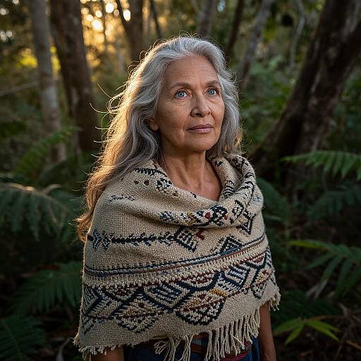 Photograph of an elderly woman with silver hair, wearing a patterned shawl, standing in a forest, sunlight filtering through trees.