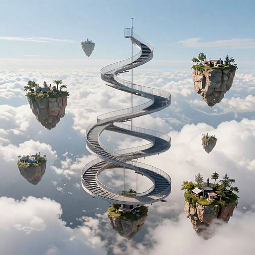 Digital art of a spiraling, floating staircase connecting five cloud-top islands with lush greenery, set against a bright blue sky.