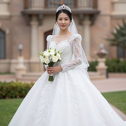Photograph of a beautiful Asian bride in a white lace wedding dress with long sleeves, holding a bouquet of white flowers, standing in front of a historic