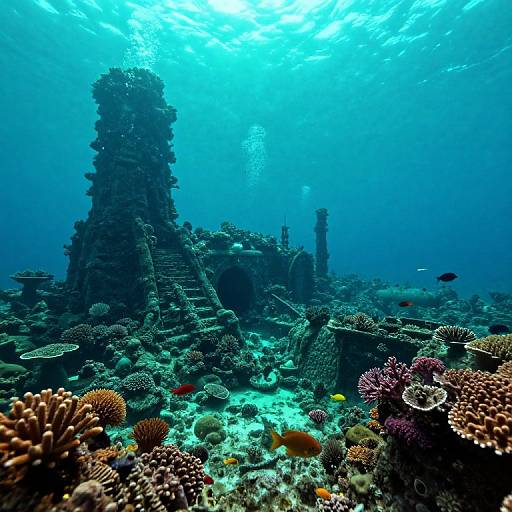 Photograph of an underwater coral reef with a sunlit, ancient stone structure surrounded by colorful corals and small fish swimming. Blue water creates a serene