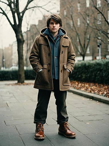 Young Man Wearing Brown Duffle Coat Outdoors