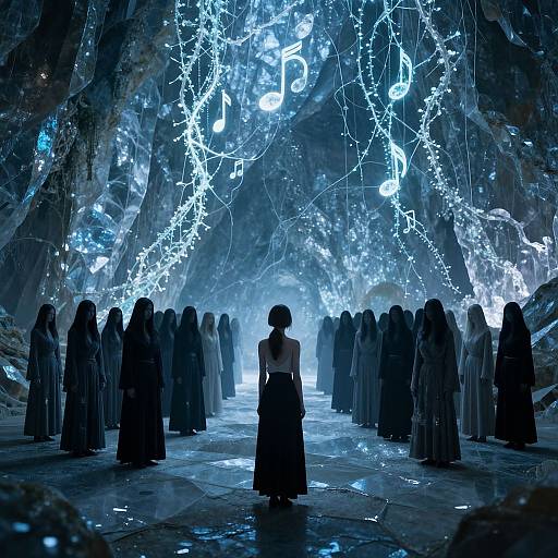 A lone woman in a backless dress stands silhouetted at the center of a cavern adorned with glowing, musical, blue lights and surrounded by