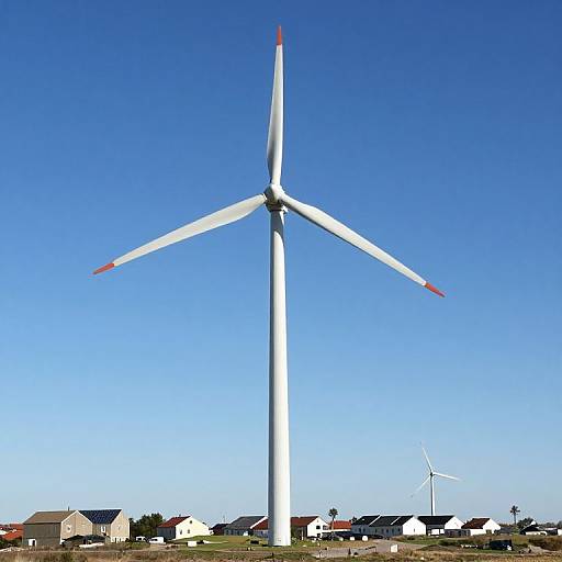 Photograph of a tall white wind turbine with blue sky background, surrounded by small houses and another wind turbine in the distance.
