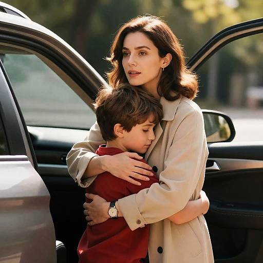 Photograph of a brunette woman in a beige coat hugging a young boy in a red shirt by a car door. Sunlit, outdoor setting.
