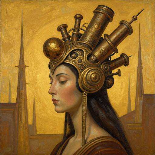 Digital painting of a serene, fair-skinned woman with long black hair, wearing a golden, steampunk-inspired headpiece with various brass cylinders,