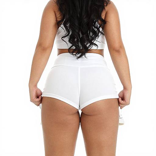 Photograph of a woman with long black hair, tan skin, wearing a white crop top and high-waisted white shorts, seen from behind against