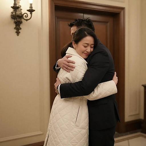 Couple Embracing in Elegant Hallway