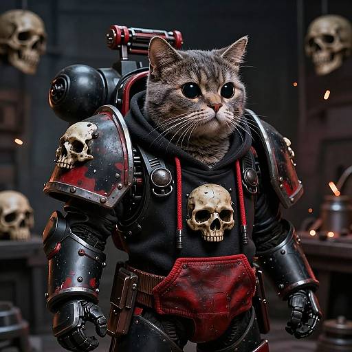 Digital artwork: armored cat with large, expressive eyes, wearing black and red medieval-style armor adorned with skull decorations, set against a dark, skull-filled