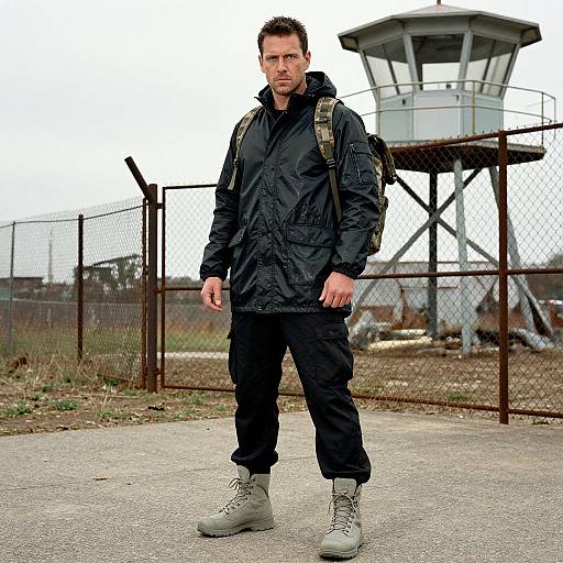 Photograph of a serious-looking man in black jacket, pants, and gray boots, with a backpack, standing in front of a fenced, industrial area