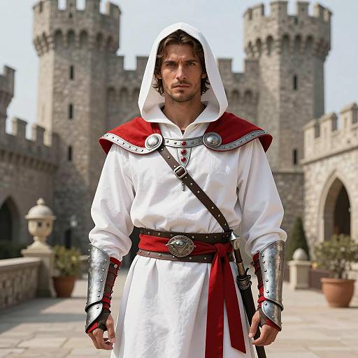 Medieval Warrior in White Hooded Tunic