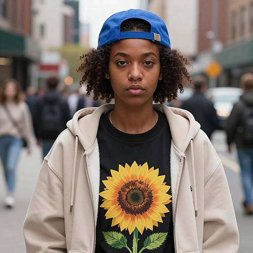 Young Woman in Urban Streetwear with Sunflower Tee