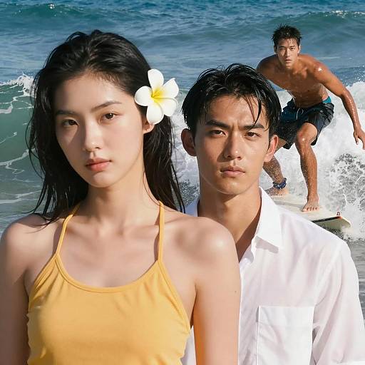 Young Adults by the Ocean with Surfer