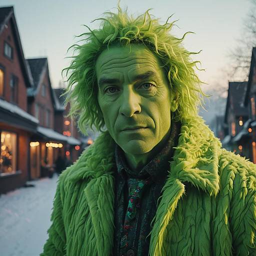 Whimsical Grinch Costume in Surreal Landscape