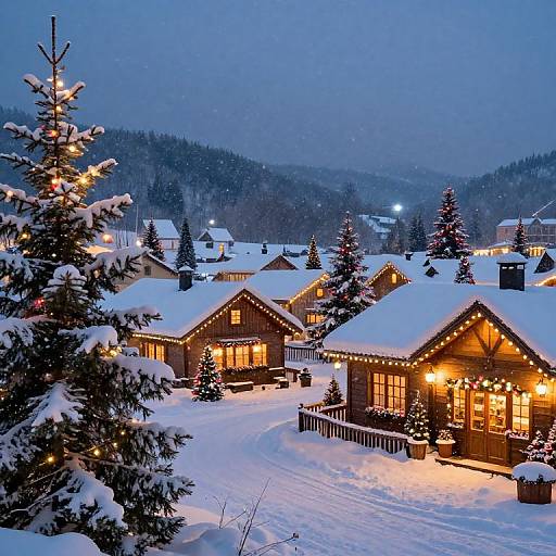 Photograph of a snowy, twilight village with wooden houses adorned with warm yellow lights, surrounded by snow-covered evergreen trees and gently falling snowflakes