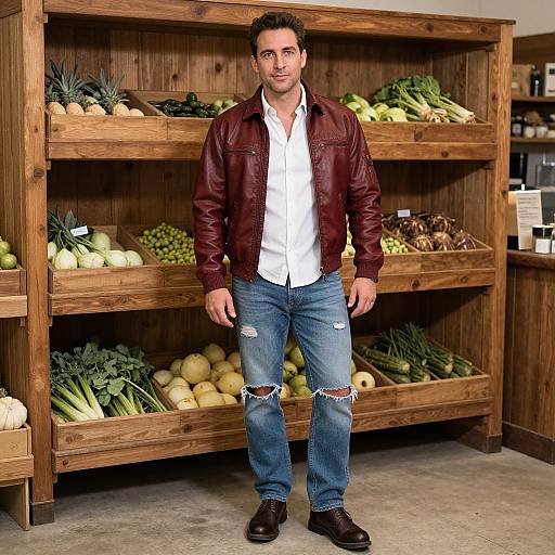 Photograph of a handsome man with short dark hair, wearing a red leather jacket, white shirt, ripped jeans, and black shoes, standing in a