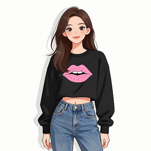 Digital anime-style drawing of a smiling young woman with long brown hair, wearing a black crop sweatshirt with pink lip print, and high-waisted