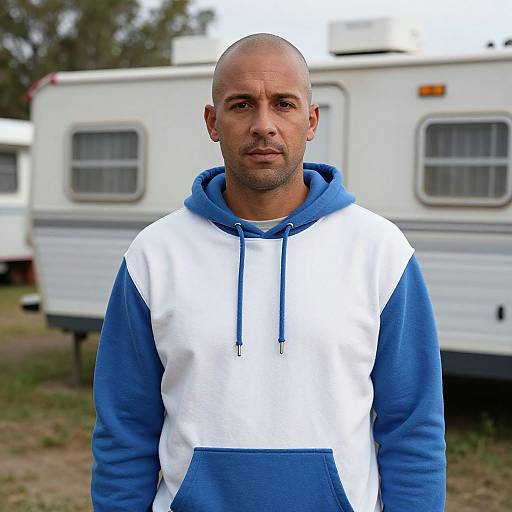 Photograph of a bald, medium-skinned man with a stubble, wearing a blue and white hoodie, standing in front of a white RV.