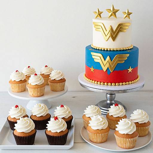 Photograph of a Wonder Woman-themed cake with gold stars, blue, red, and yellow decorations, accompanied by 14 frosted cupcakes.