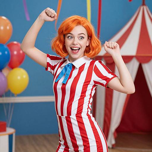 Photograph of a smiling, red-haired woman with fair skin, wearing a red and white striped dress with a blue bow, raising her fists in a