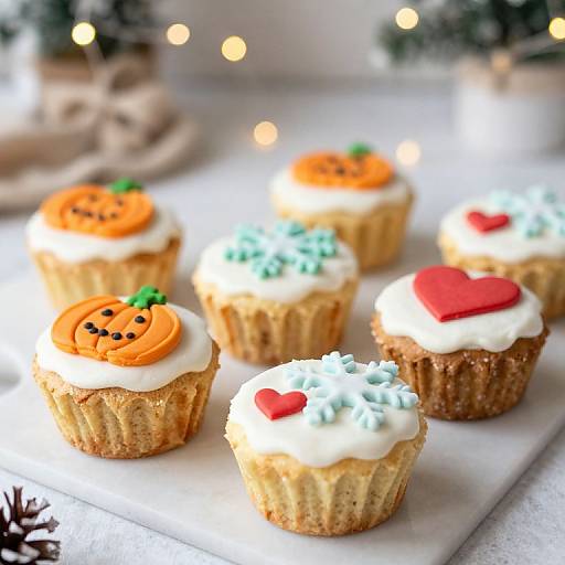 Photograph of six festive cupcakes with white frosting, topped with orange pumpkins, green leaves, blue snowflakes, and red hearts, on a