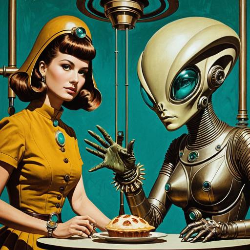 Retro-Futuristic Woman and Alien at Table