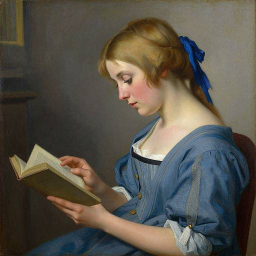 Portrait of a young, fair-skinned woman with red-blonde hair tied with a blue ribbon, reading a book in a blue dress. Classical