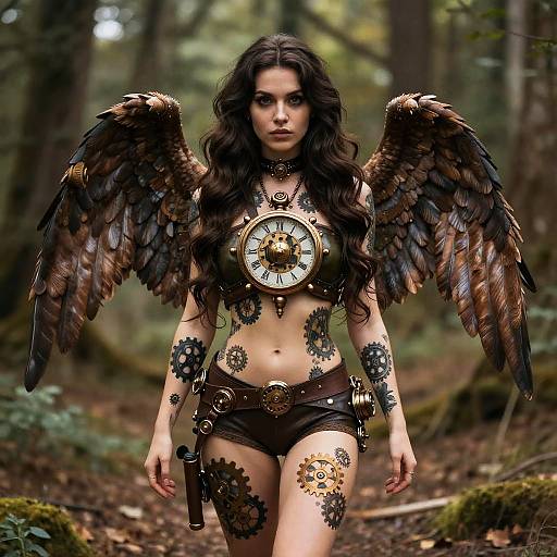 Digital art of a dark-haired, winged woman with black feather wings, wearing a clock chestpiece, gear tattoos, and black shorts in a forest