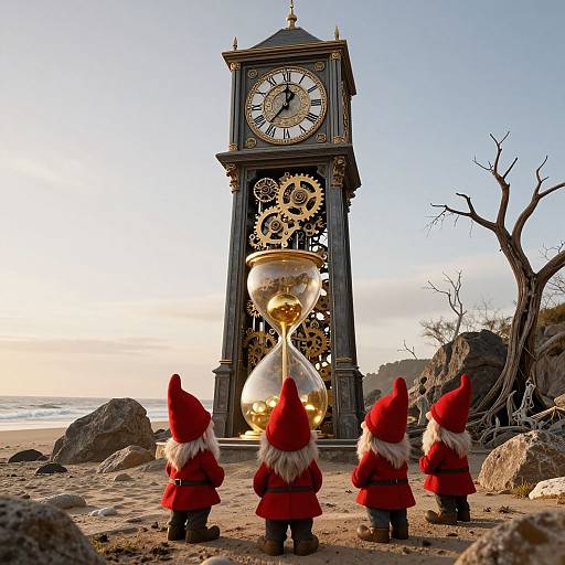 Photograph of four gnome figurines with red hats and red coats, standing in front of a tall, clockwork-style clock tower with a golden hour