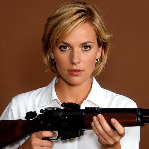 Photograph of a blonde woman with short hair, serious expression, wearing a white shirt, holding a black rifle, against a brown background.