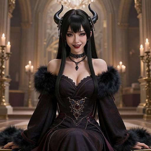 Digital art of a dark-haired woman with black horns, wearing a black, lace-trimmed, off-shoulder dress with fur trim, in