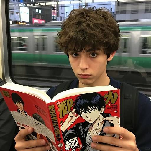 Young man with messy brown hair reading manga on train, wide-eyed expression, wearing black jacket, blurred green train background.