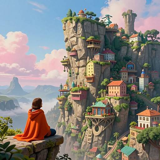 Digital illustration of a person in an orange cloak sitting on a cliff, gazing at colorful, whimsical houses on towering rock formations under a bright blue