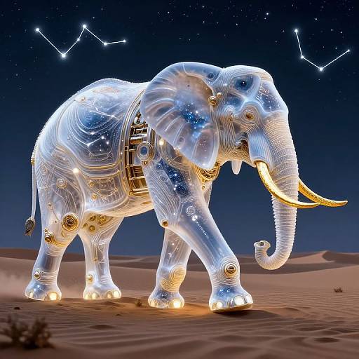 Digital CGI of a glowing, wireframe elephant with neon lights, standing in a desert under a starry night sky with constellations.