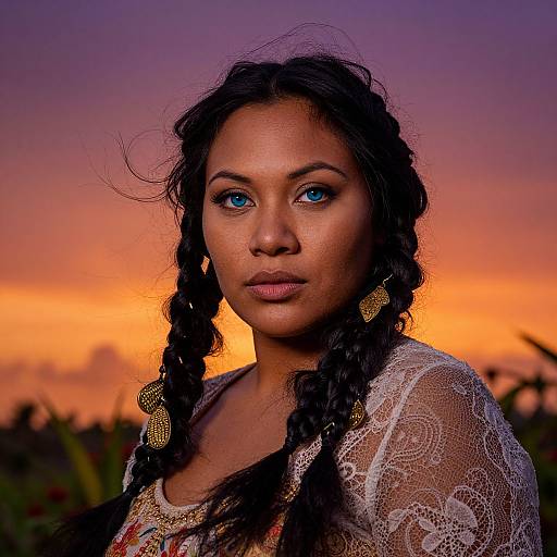 Photograph of a beautiful Black woman with blue eyes, braided hair, wearing a lace top, against a vibrant orange and purple sunset.