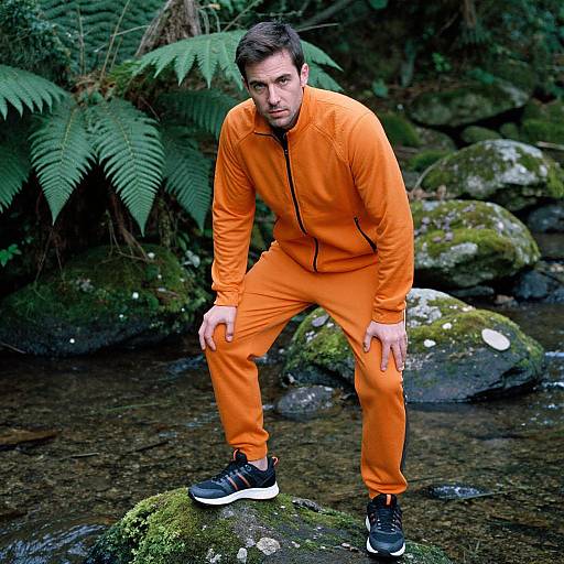 Photograph of a young man in an orange tracksuit and black sneakers, crouching on mossy rocks by a forest stream.
