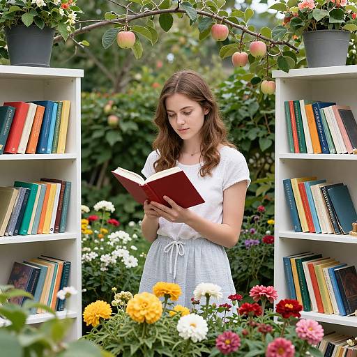 Young woman with wavy brown hair, wearing white blouse and skirt, reads book under apple tree surrounded by colorful flowerbeds and bookshelves.