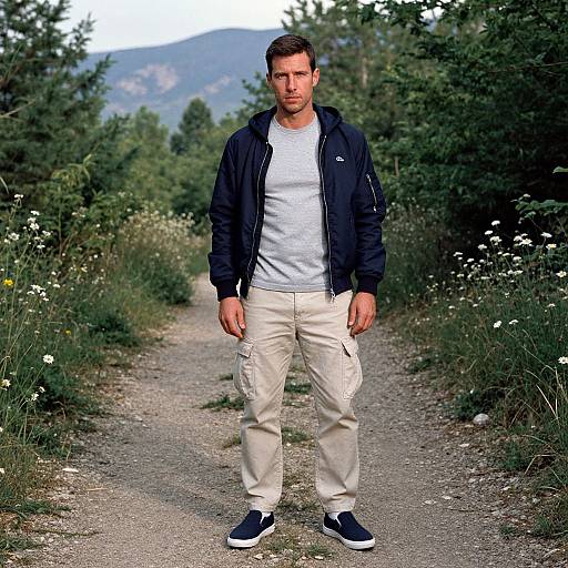 Photograph of a serious, muscular man with short brown hair, wearing a black jacket, white shirt, beige pants, and black sneakers, standing on