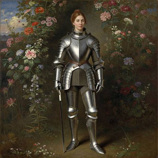 Photorealistic painting of a medieval woman in shiny silver armor standing amidst vibrant floral arrangements, holding a sword with both hands.