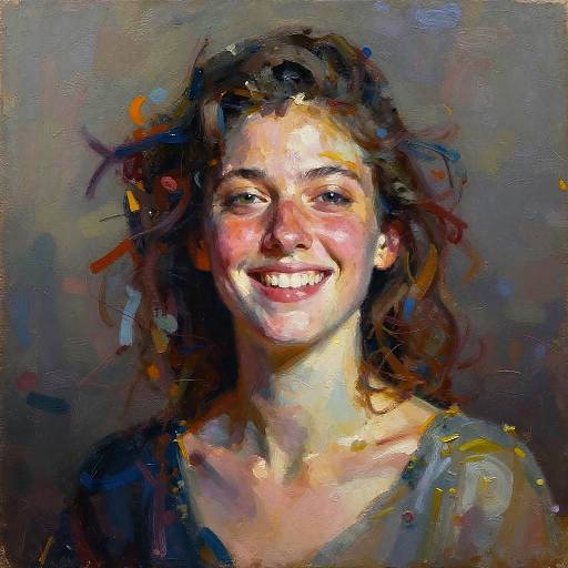 Expressionist oil painting of a smiling young woman with wavy brown hair, vibrant colors, and a textured background.
