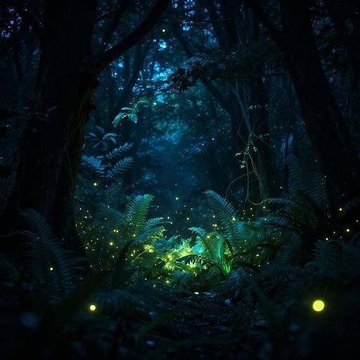 Digital artwork of a dark, mystical forest illuminated by glowing green ferns and scattered fireflies, with blue moonlight filtering through dense foliage.