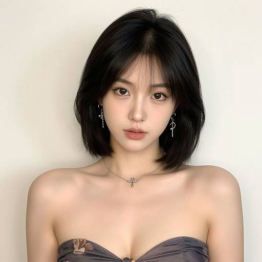 Photograph of an East Asian woman with short black hair, wearing a strapless gray top, dangling earrings, and a delicate necklace, against a plain