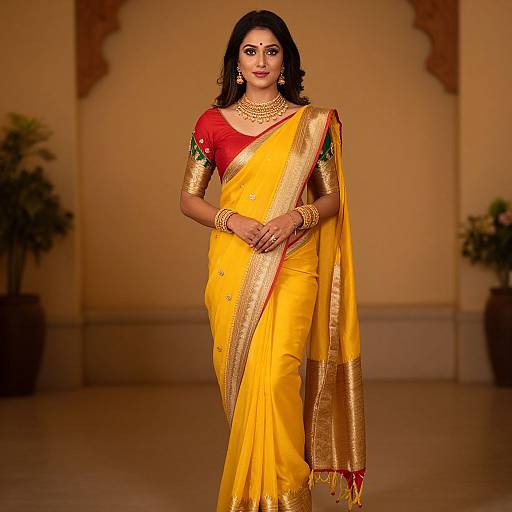 Photograph of a confident Indian woman in a vibrant yellow sari with gold trim, red blouse, gold jewelry, and intricate armlets, standing on
