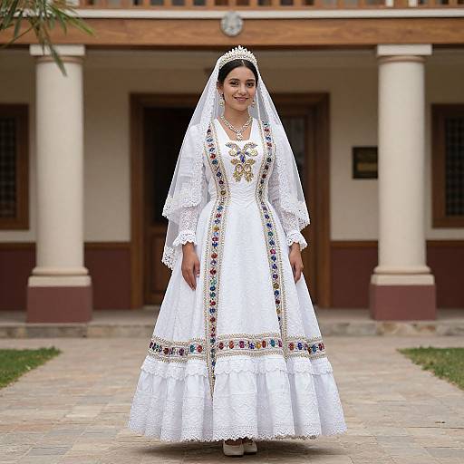 Photograph of a smiling South Asian bride in a white embroidered traditional dress and veil, standing in front of a colonial-style building with columns and wooden doors